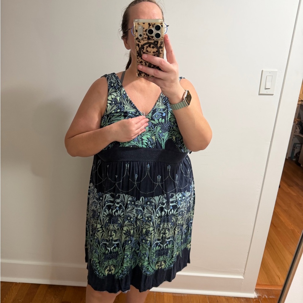 Anthropologie Ric Rac Navy Blue Floral Sleeveless V-Neck A-Line in L